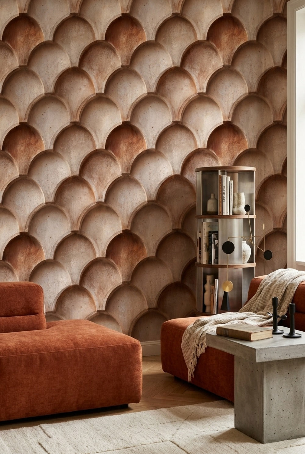 Kemerli Niş Desenli Duvar Kağıdı Bej Kahverengi Salon