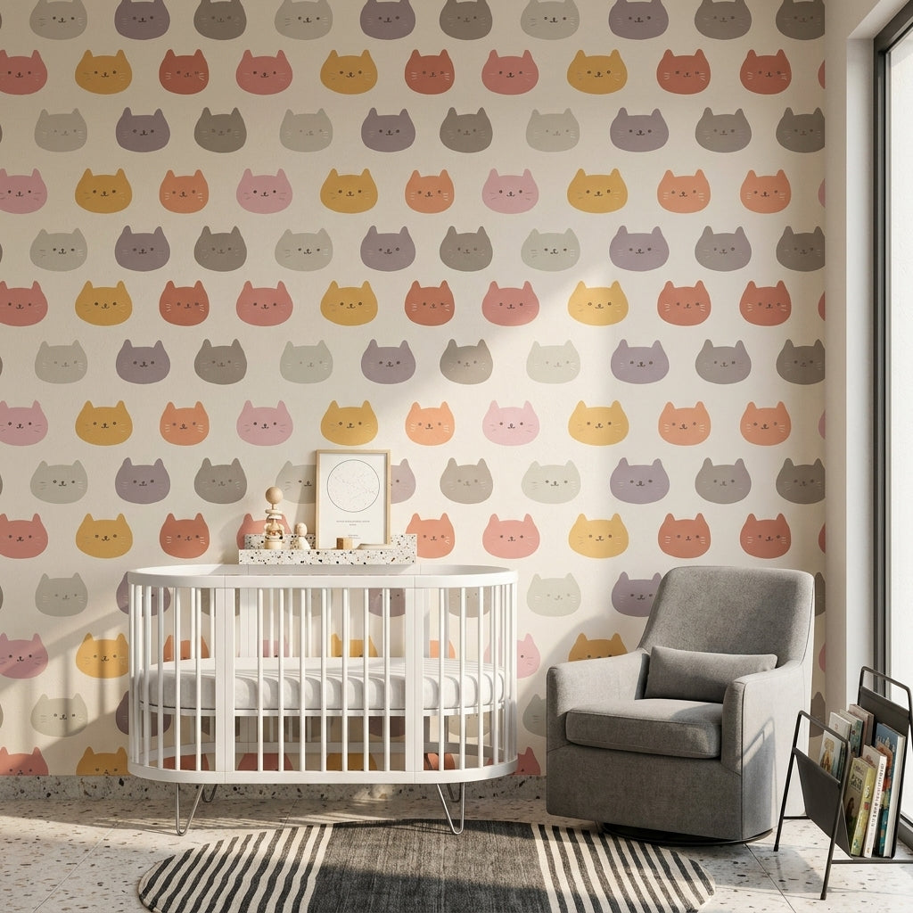 Pastel Renkli Kedi Desenli Duvar Kağıdı Çocuk Odası