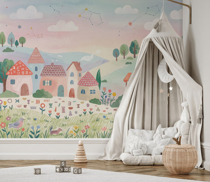 Masalsı Köy Manzarası Poster Duvar Kağıdı Pastel Çocuk Odası