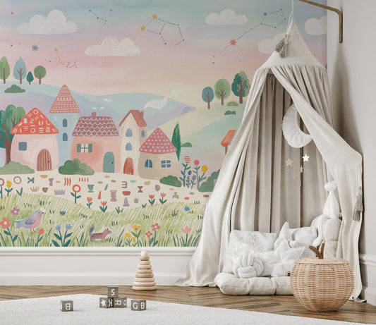Masalsı Köy Manzarası Poster Duvar Kağıdı Pastel Çocuk Odası