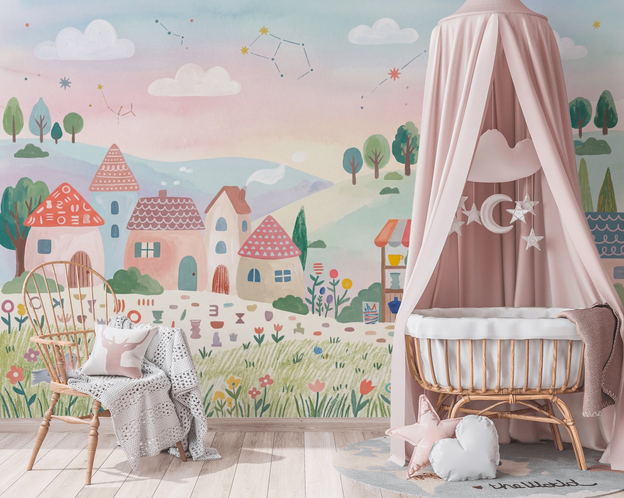 Masalsı Köy Manzarası Poster Duvar Kağıdı Pastel Çocuk Odası