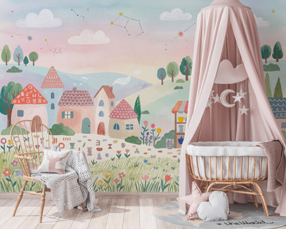 Masalsı Köy Manzarası Poster Duvar Kağıdı Pastel Çocuk Odası