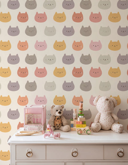 Pastel Renkli Kedi Desenli Duvar Kağıdı Çocuk Odası