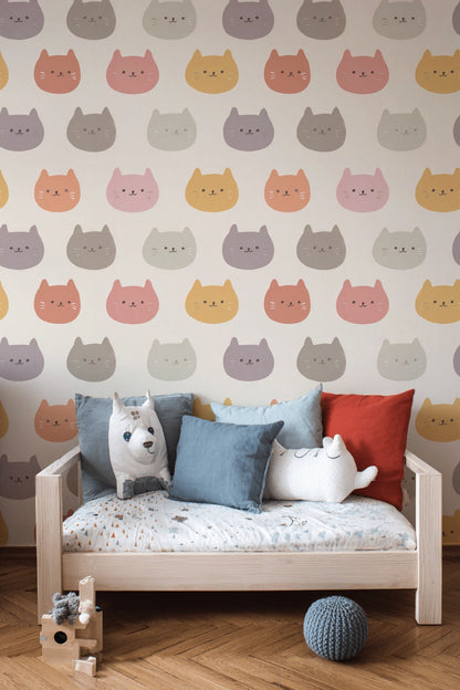 Pastel Renkli Kedi Desenli Duvar Kağıdı Çocuk Odası