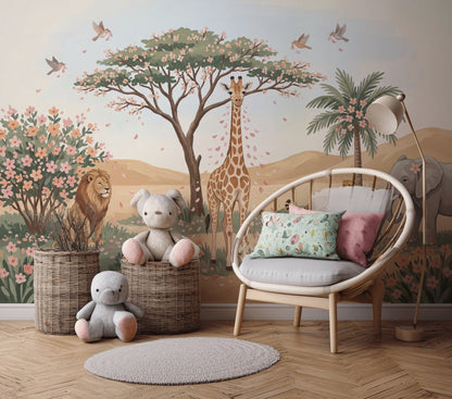 Safari Hayvanlı Poster Duvar Kağıdı Pastel Çocuk Odası Desenli
