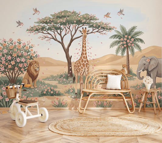 Safari Hayvanlı Poster Duvar Kağıdı Pastel Çocuk Odası Desenli