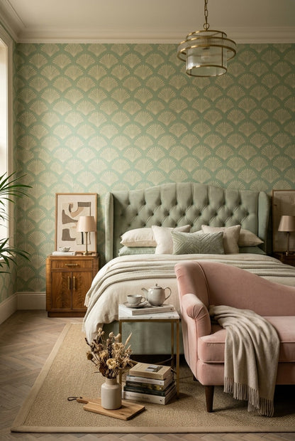 Midye Kabuğu Desenli Duvar Kağıdı Yeşil Krem Salon