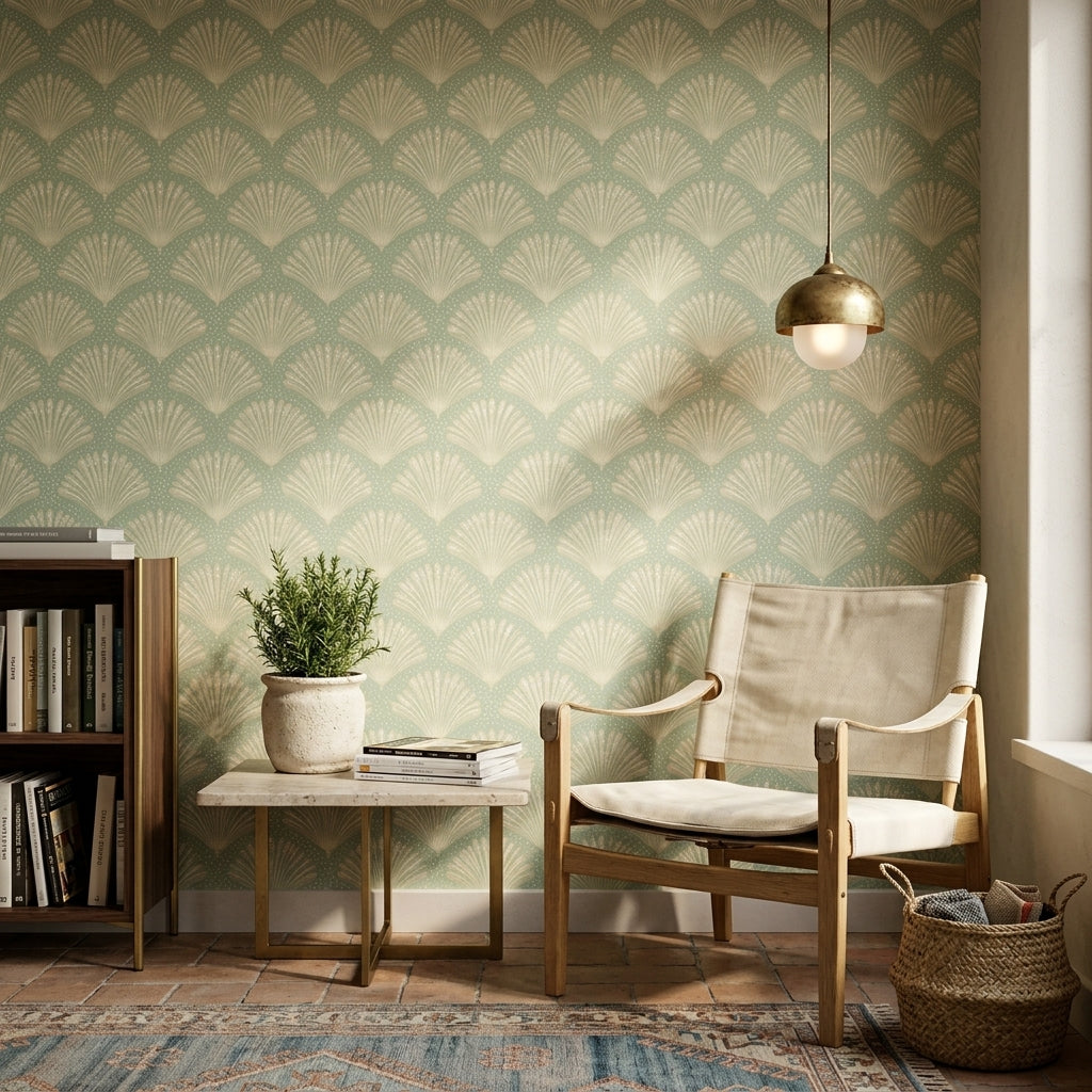 Midye Kabuğu Desenli Duvar Kağıdı Yeşil Krem Salon