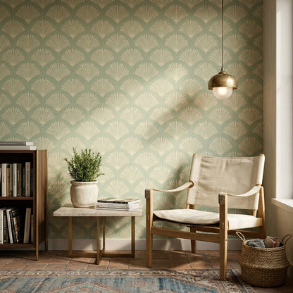 Midye Kabuğu Desenli Duvar Kağıdı Yeşil Krem Salon