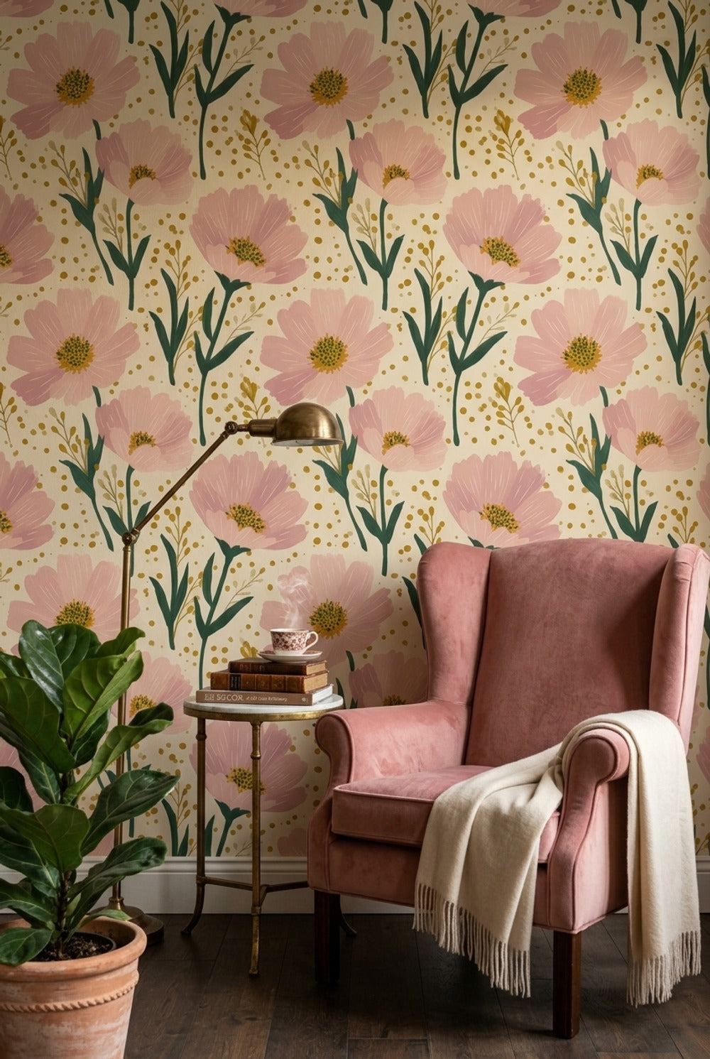 Pembe Çiçek Desenli Duvar Kağıdı Bej Zemin Salon