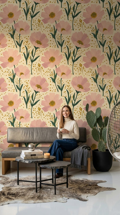 Pembe Çiçek Desenli Duvar Kağıdı Bej Zemin Salon