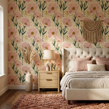 Pembe Çiçek Desenli Duvar Kağıdı Bej Zemin Salon