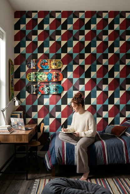 Geometrik Üçgen Desenli Duvar Kağıdı Bordo Lacivert Salon