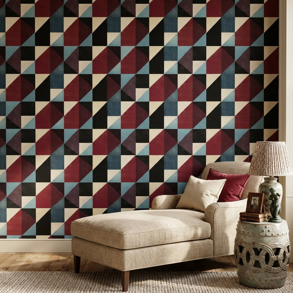 Geometrik Üçgen Desenli Duvar Kağıdı Bordo Lacivert Salon