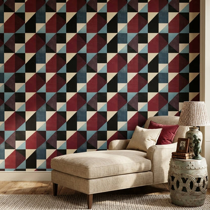 Geometrik Üçgen Desenli Duvar Kağıdı Bordo Lacivert Salon