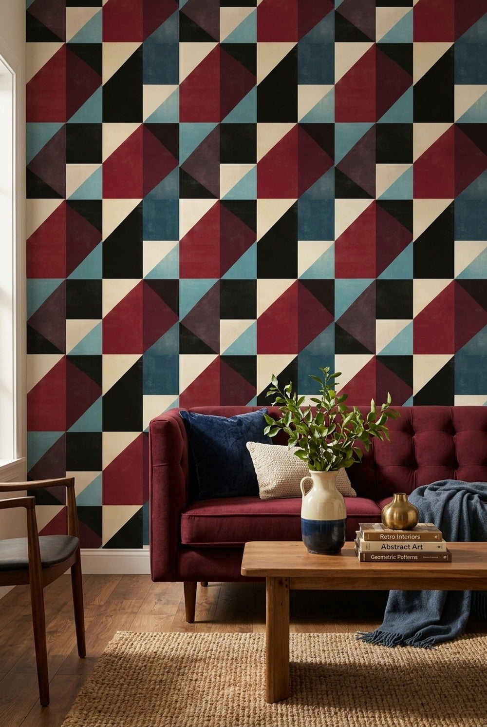 Geometrik Üçgen Desenli Duvar Kağıdı Bordo Lacivert Salon