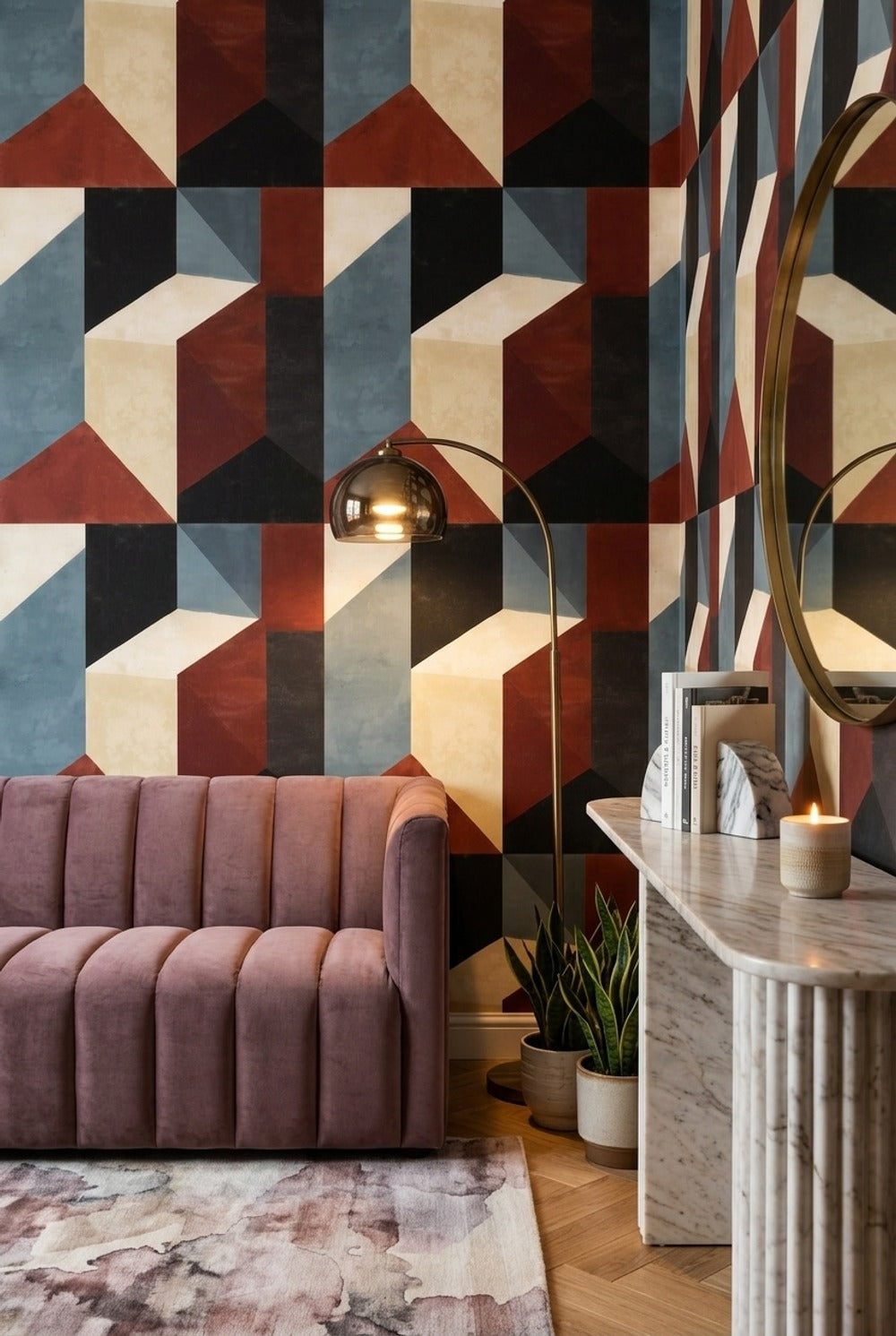 Geometrik Küp Desenli Duvar Kağıdı Bordo Lacivert Salon