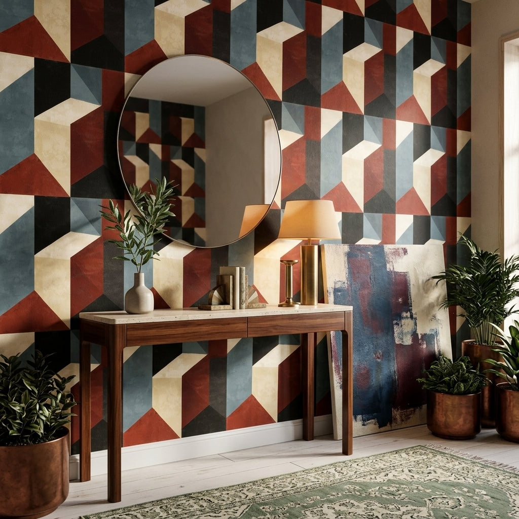 Geometrik Küp Desenli Duvar Kağıdı Bordo Lacivert Salon