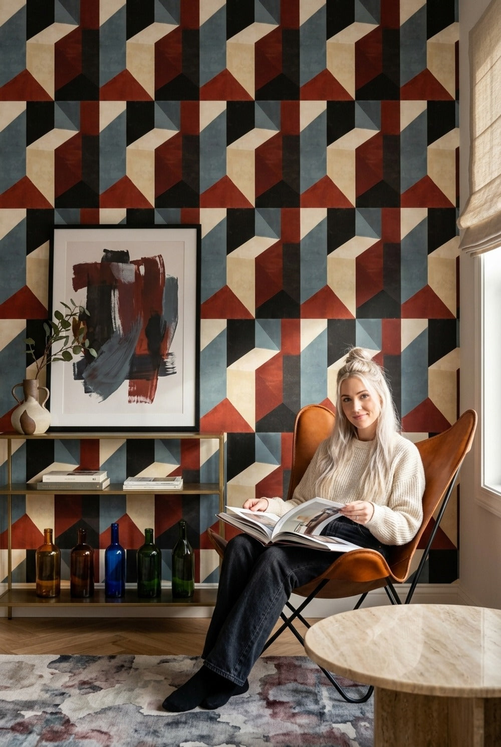 Geometrik Küp Desenli Duvar Kağıdı Bordo Lacivert Salon