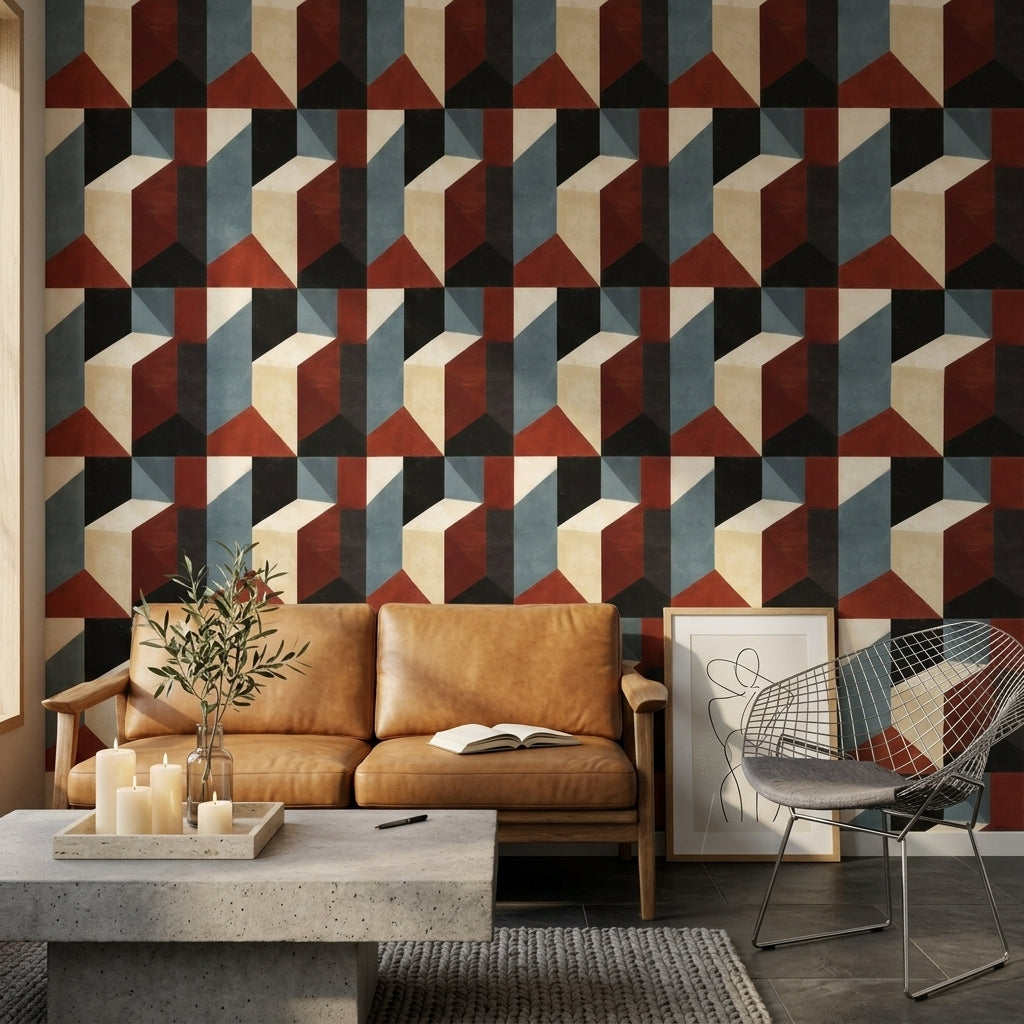 Geometrik Küp Desenli Duvar Kağıdı Bordo Lacivert Salon