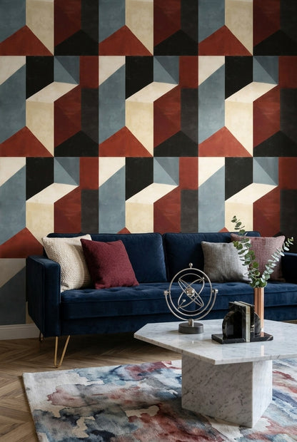 Geometrik Küp Desenli Duvar Kağıdı Bordo Lacivert Salon