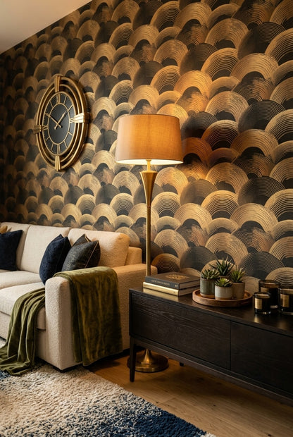 Art Deco Geometrik Duvar Kağıdı Altın Siyah Yarım Daire Desen