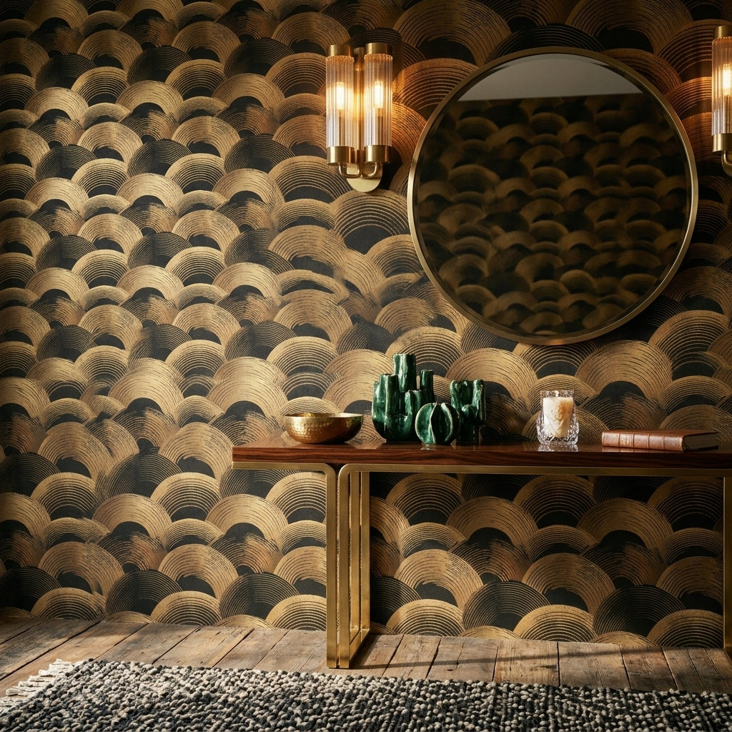 Art Deco Geometrik Duvar Kağıdı Altın Siyah Yarım Daire Desen