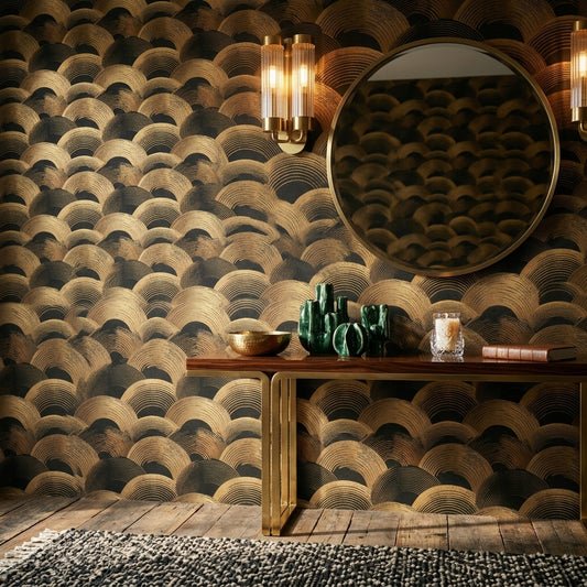 Art Deco Geometrik Duvar Kağıdı Altın Siyah Yarım Daire Desen