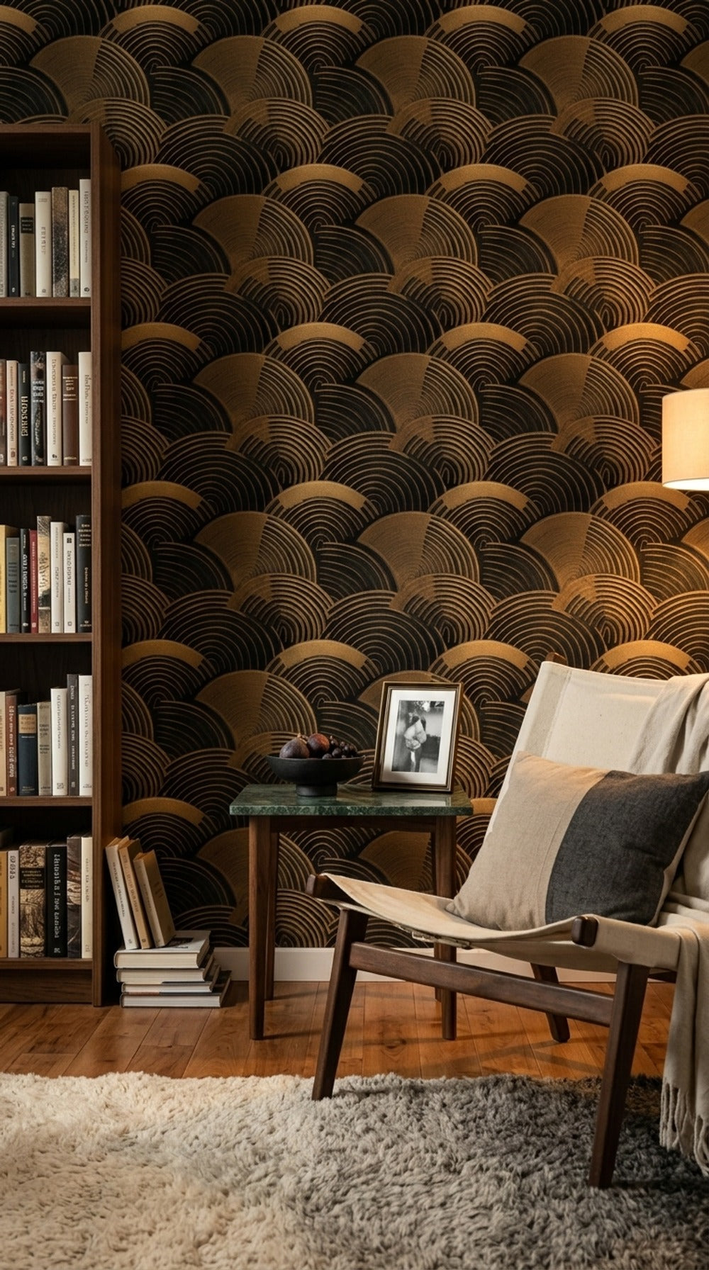 Art Deco Yelpaze Desenli Duvar Kağıdı Siyah Altın Salon