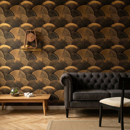 Art Deco Yelpaze Desenli Duvar Kağıdı Siyah Altın Salon