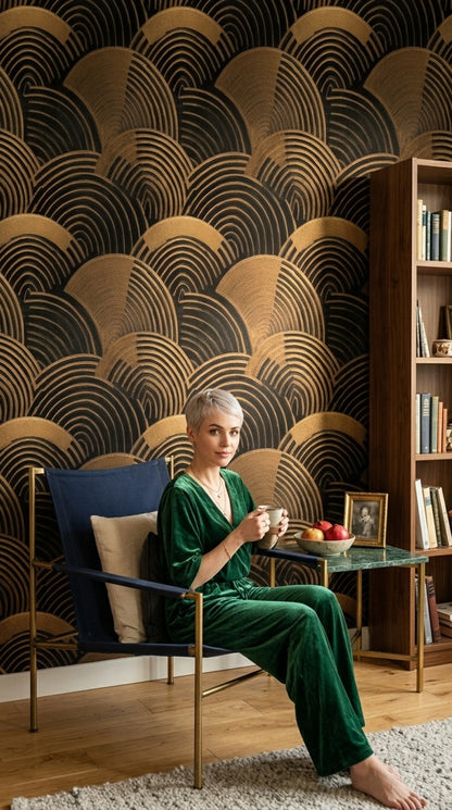 Art Deco Yelpaze Desenli Duvar Kağıdı Siyah Altın Salon