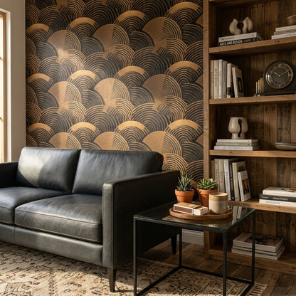 Art Deco Yelpaze Desenli Duvar Kağıdı Siyah Altın Salon