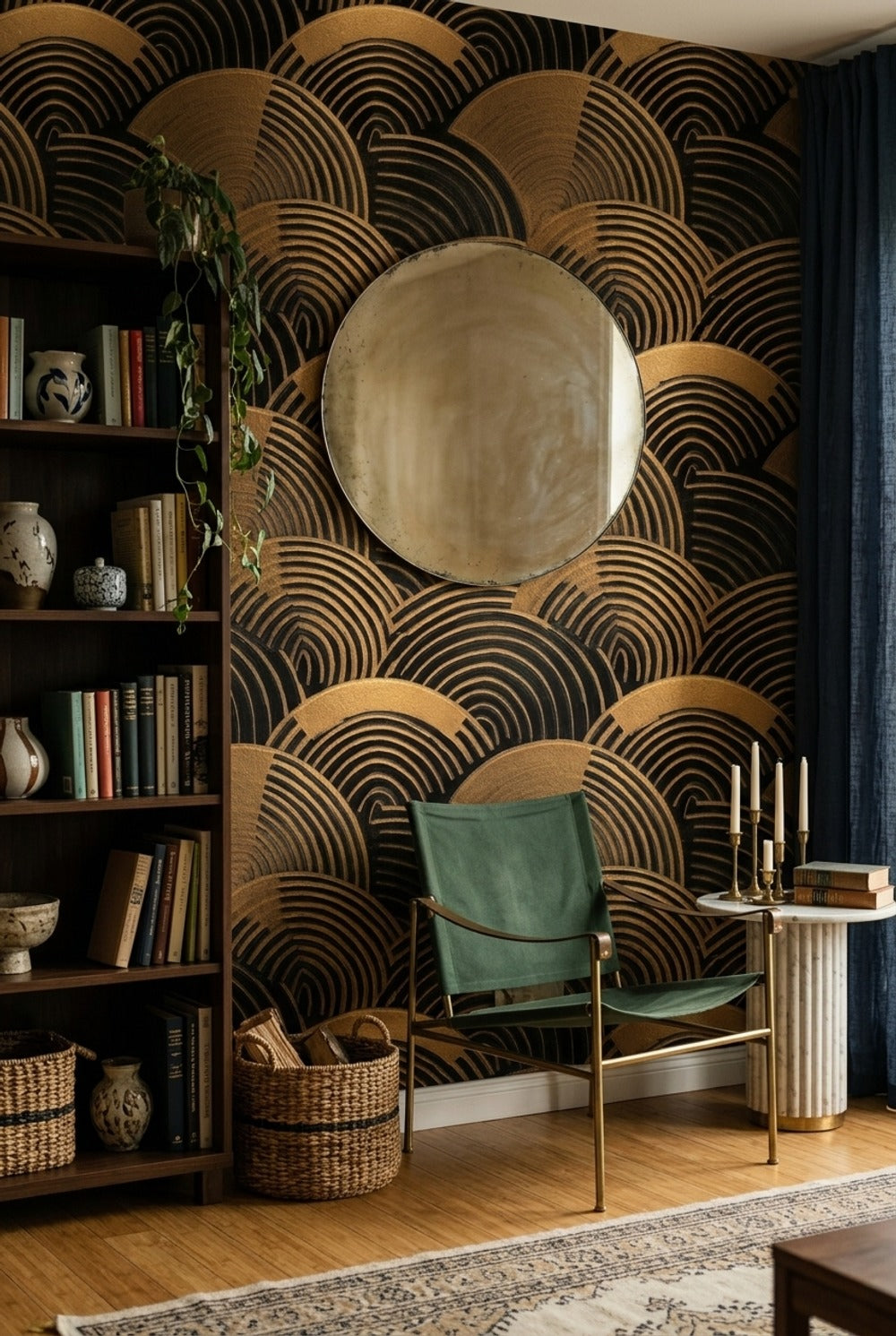 Art Deco Yelpaze Desenli Duvar Kağıdı Siyah Altın Salon