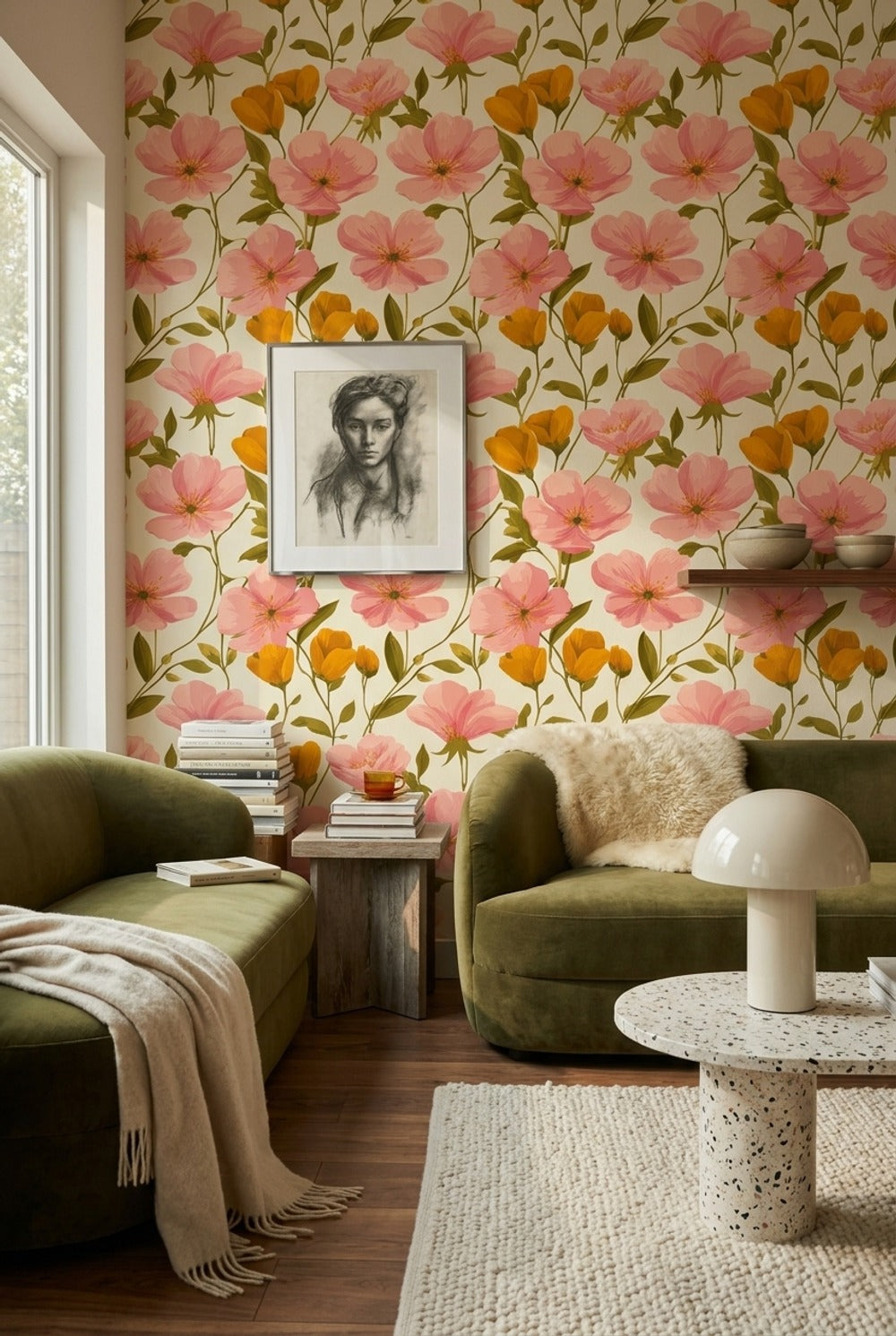 Pembe Çiçek Desenli Duvar Kağıdı Krem Zemin Salon