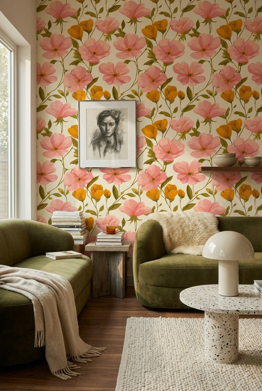Pembe Çiçek Desenli Duvar Kağıdı Krem Zemin Salon