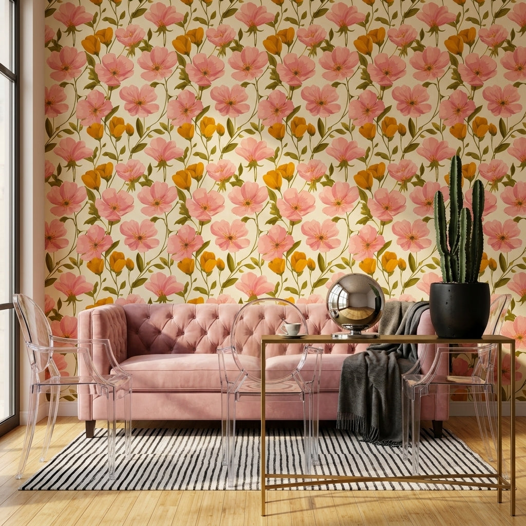 Pembe Çiçek Desenli Duvar Kağıdı Krem Zemin Salon