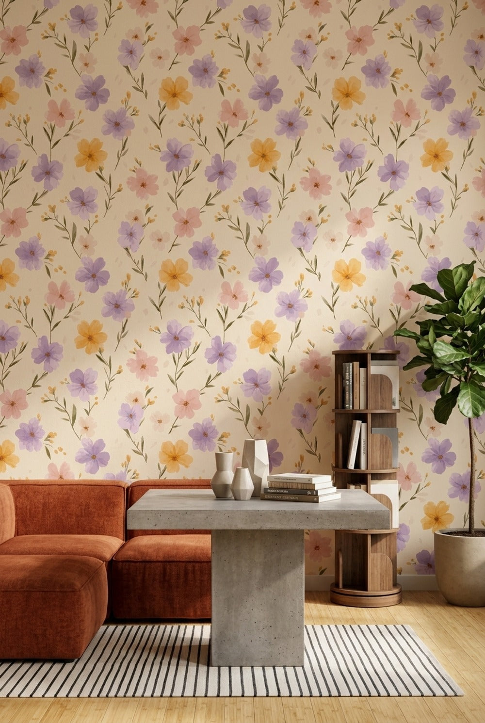 Pastel Çiçek Desenli Duvar Kağıdı Krem Zemin Salon