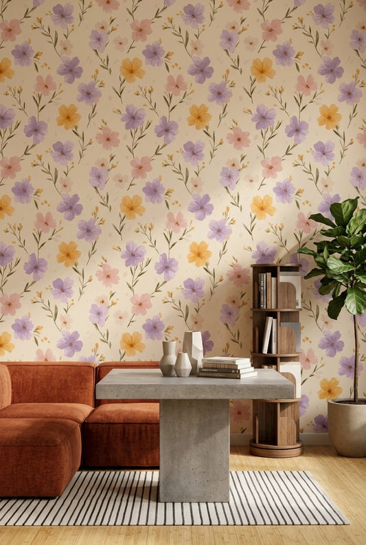 Pastel Çiçek Desenli Duvar Kağıdı Krem Zemin Salon