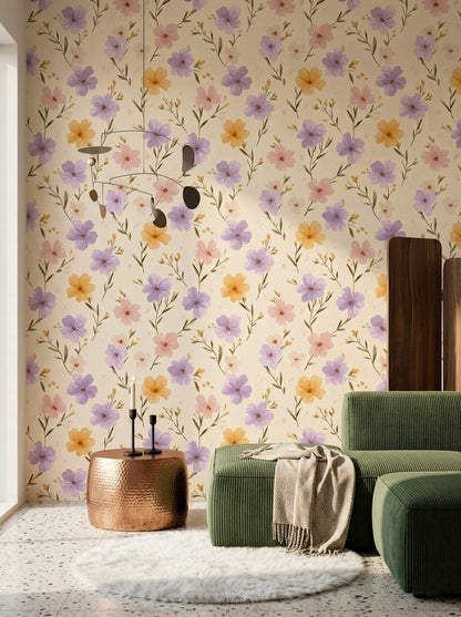 Pastel Çiçek Desenli Duvar Kağıdı Krem Zemin Salon