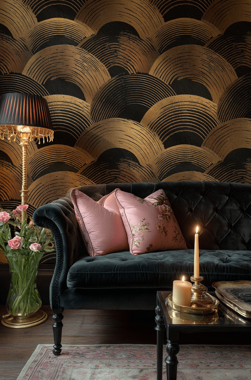 Art Deco Geometrik Duvar Kağıdı Altın Siyah Yarım Daire Desen