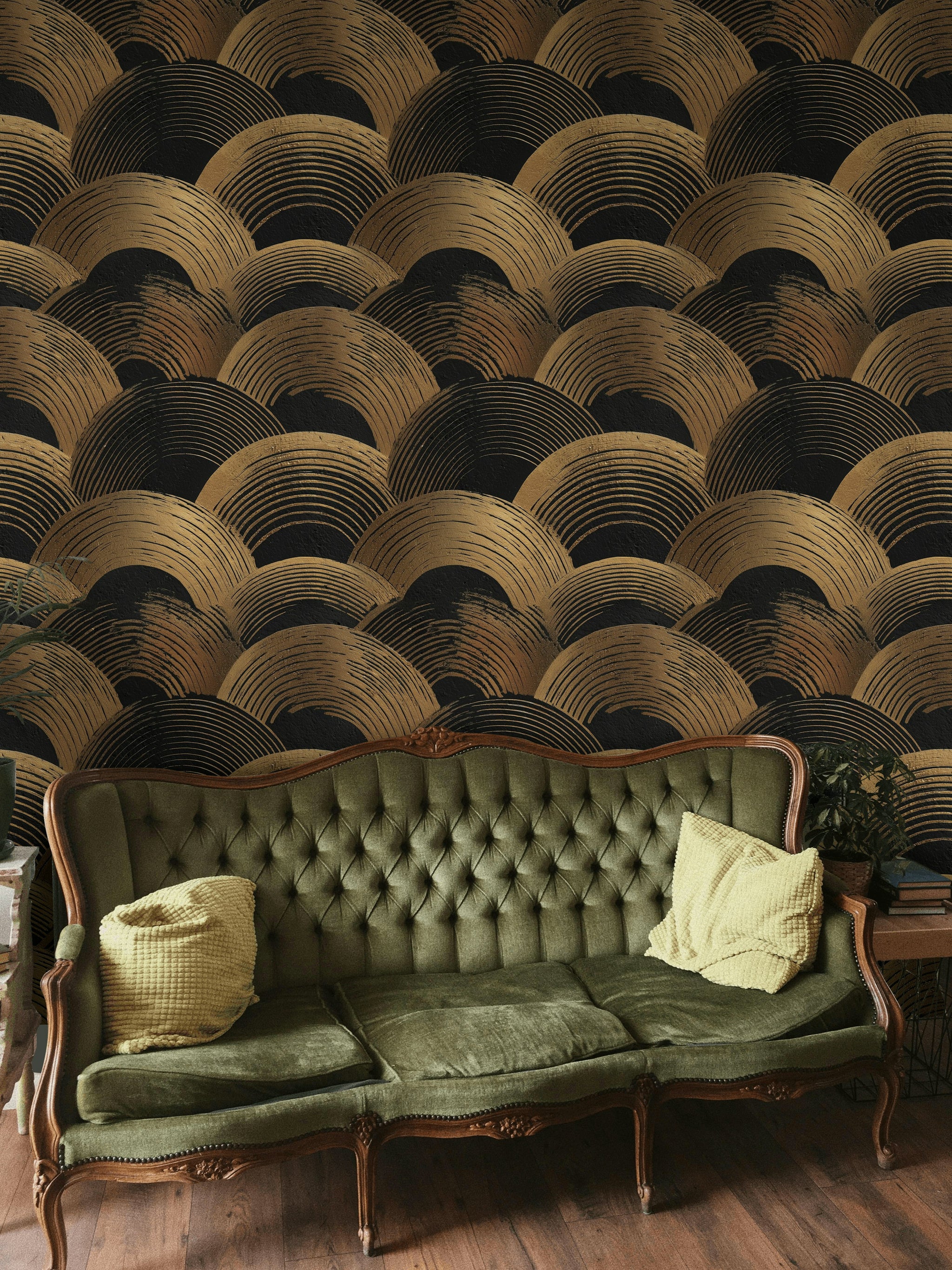 Art Deco Geometrik Duvar Kağıdı Altın Siyah Yarım Daire Desen