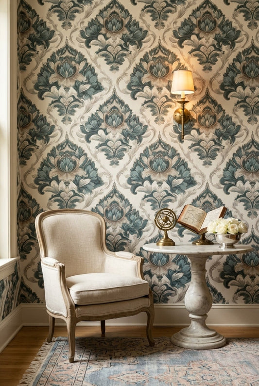 Klasik Damask Desenli Duvar Kağıdı Mavi Bej Salon