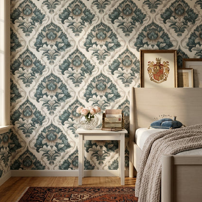 Klasik Damask Desenli Duvar Kağıdı Mavi Bej Salon