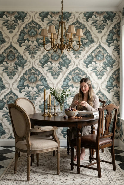 Klasik Damask Desenli Duvar Kağıdı Mavi Bej Salon