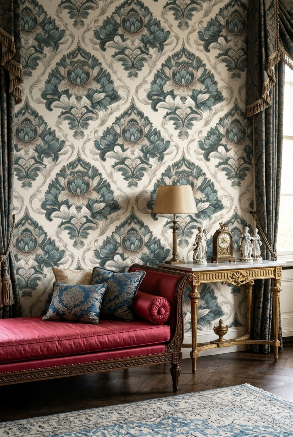 Klasik Damask Desenli Duvar Kağıdı Mavi Bej Salon