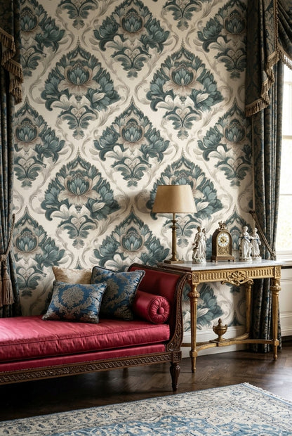 Klasik Damask Desenli Duvar Kağıdı Mavi Bej Salon