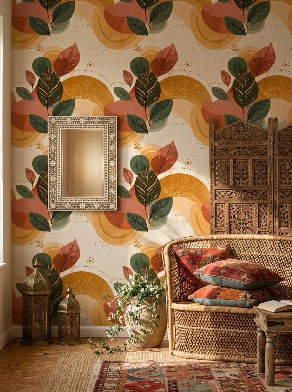 Retro Yaprak Desenli Duvar Kağıdı Hardal Tonlu Bohem Salon