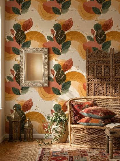 Retro Yaprak Desenli Duvar Kağıdı Hardal Tonlu Bohem Salon