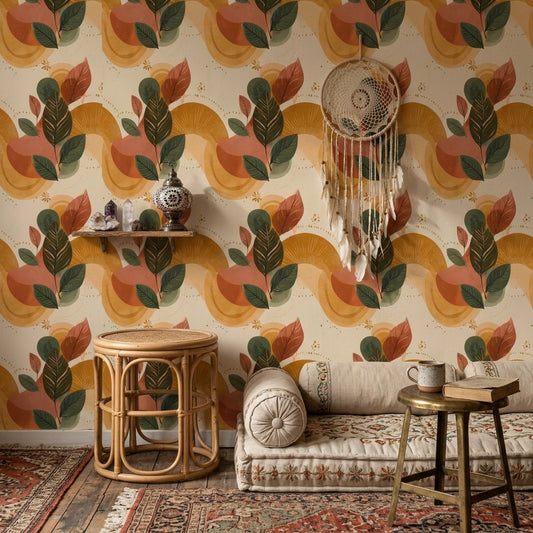 Retro Yaprak Desenli Duvar Kağıdı Hardal Tonlu Bohem Salon