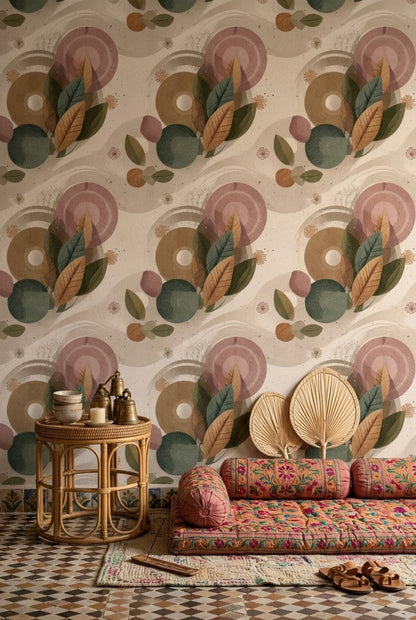 Geometrik Yaprak Desenli Duvar Kağıdı Retro Bohem Salon
